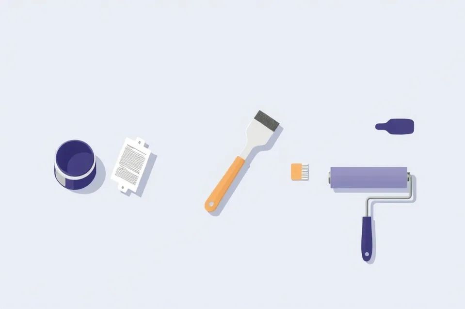 Outils de peinture disposés dans l'ordre des étapes du chantier