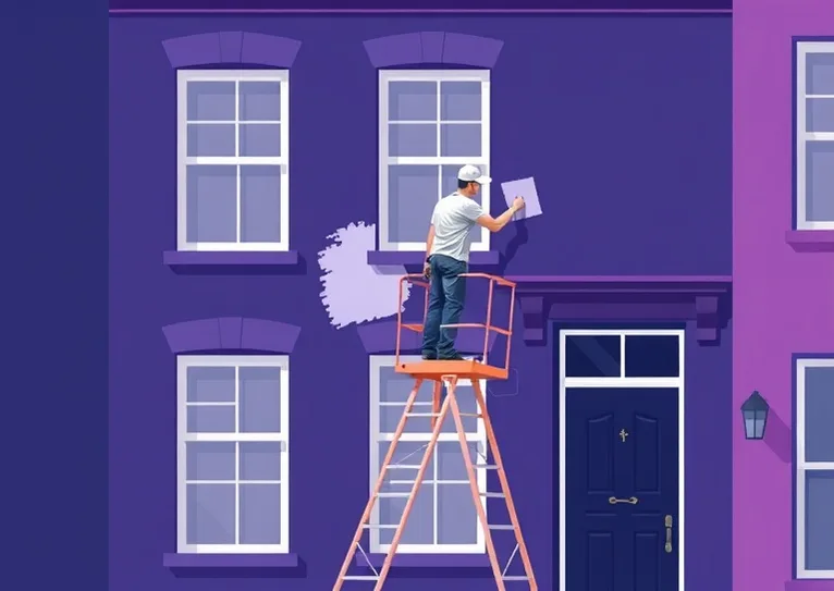Peintre sur échafaudage traitant la façade d'une maison