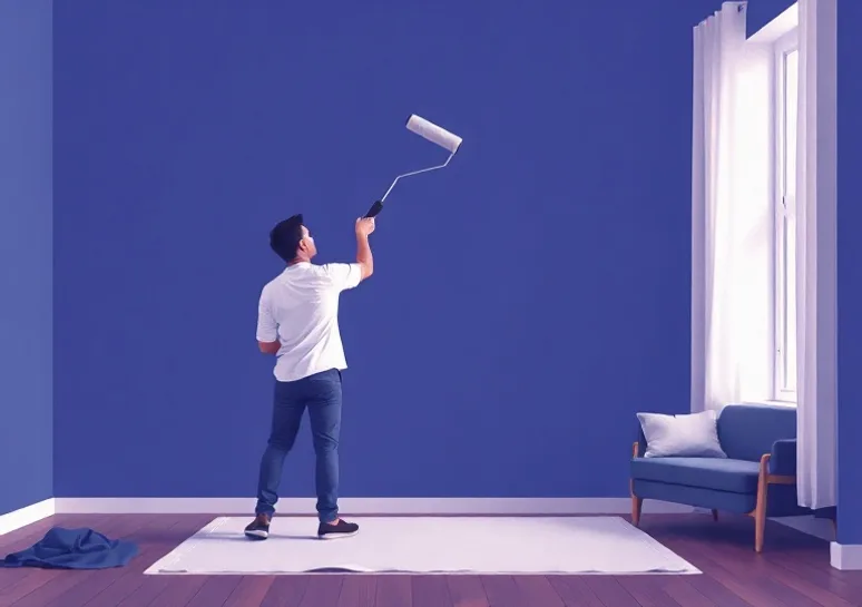 Peintre appliquant la peinture au rouleau sur un mur de salon